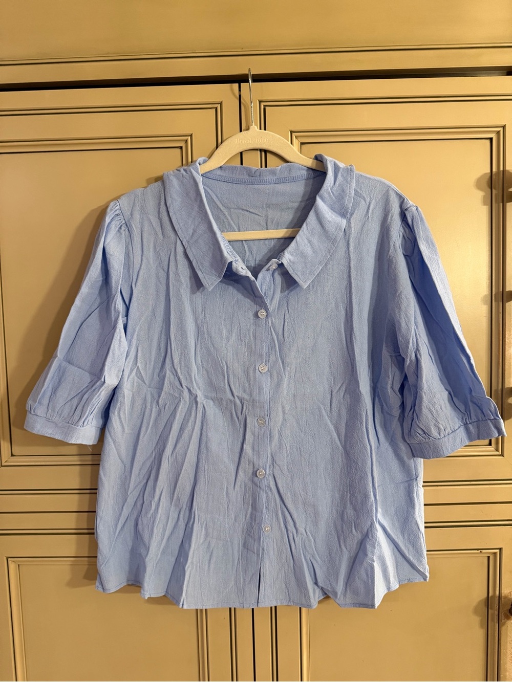 New Light Blue Denim Look Button Women's Blouse Top puff sleeve babydoll XL